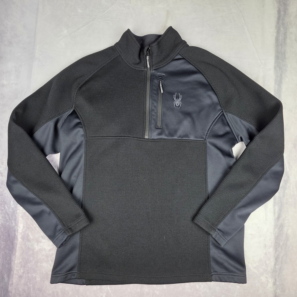 Spyder Fleece‎ Jacket  Mens XL Full  Zip Pocket Black Long Sleeve Waffle Knit